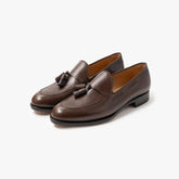 Pair of brown loafers with tassels on a white background