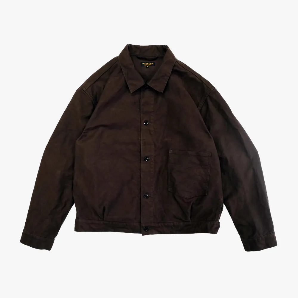 Front view of the A Vontade Coal Mine Blouse in ciger showing the vintage workwear silhouette, button-front closure, and structured design.