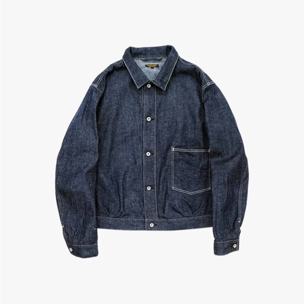 Front view of the A Vontade Coal Mine Blouse in indigo showing the classic workwear silhouette, button-front closure, and structured design.