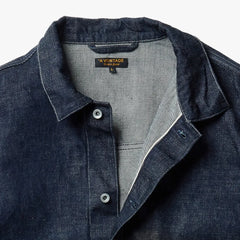 Front view of the A Vontade Coal Mine Blouse in indigo showing the classic workwear silhouette, button-front closure, and structured design.