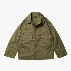 Front view of the A Vontade Naval Utility Jacket in military herringbone olive showing the naval-inspired utility design and structured silhouette.