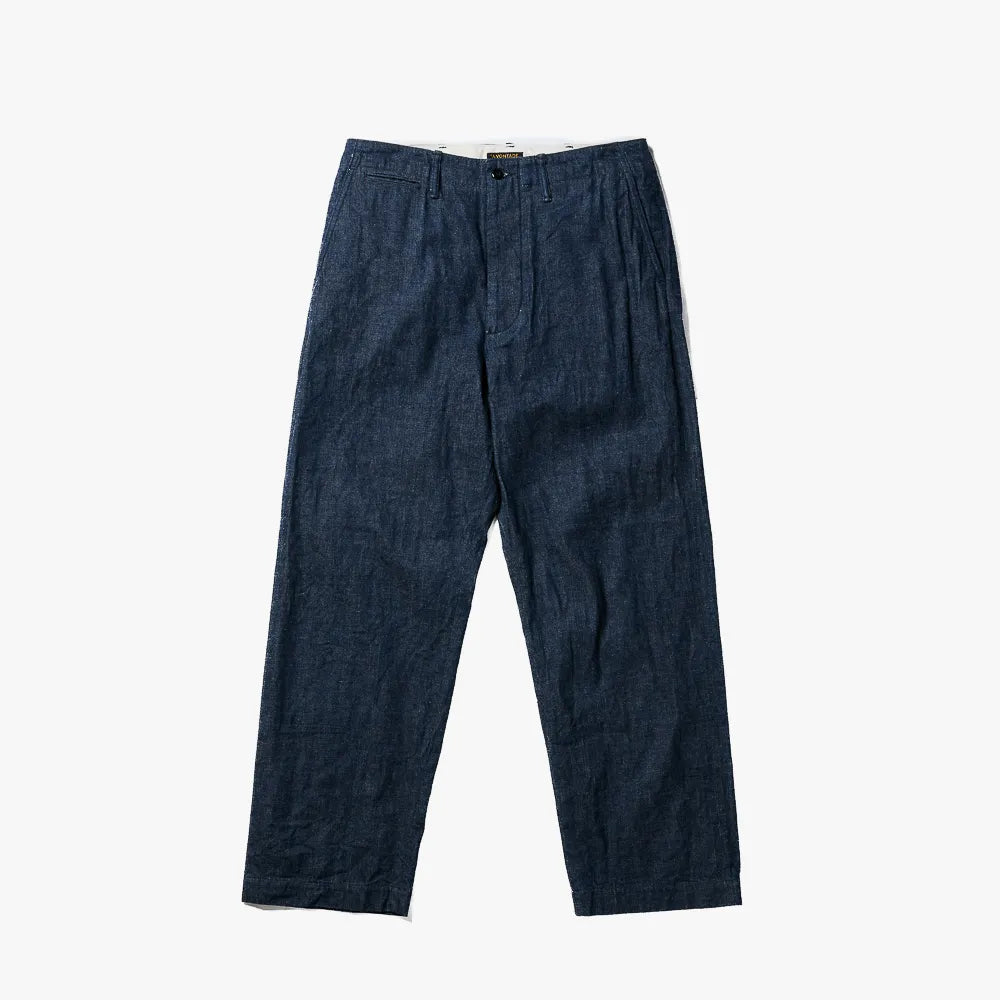 Front view of the A Vontade Type 45 Chino Trousers in 10oz selvedge denim indigo showing the wide chino silhouette and clean front construction.
