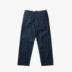 Front view of the A Vontade Type 45 Chino Trousers in 10oz selvedge denim indigo showing the wide chino silhouette and clean front construction.