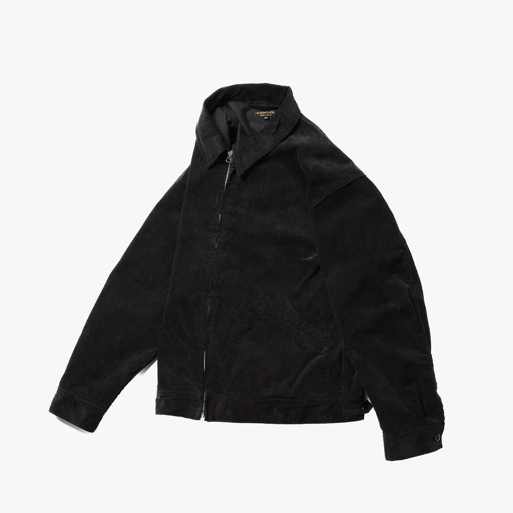 Front view of the A Vontade Zip Work Jacket in black corduroy showing the zip-front closure and classic workwear silhouette.