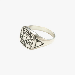 Close-up of the Doo Ring highlighting engraved motifs, surface texture, and artisanal metalwork.