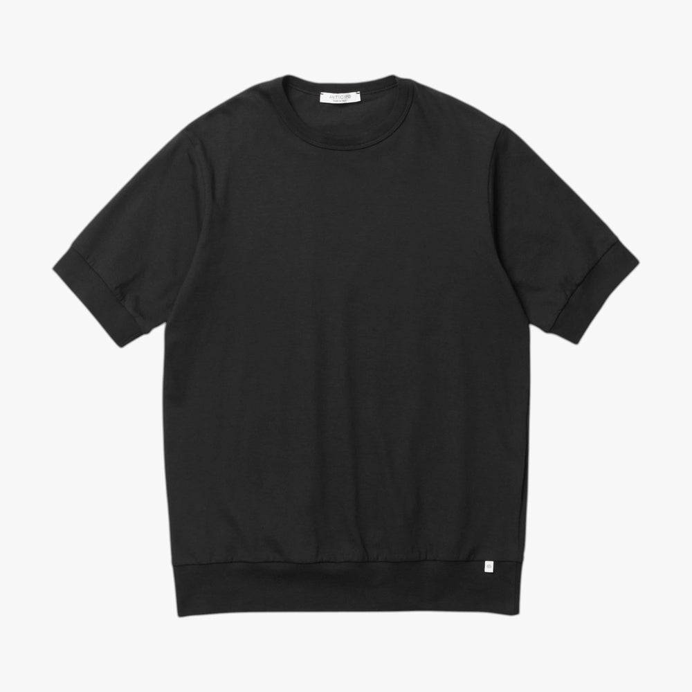 Front view of the Anticipo Nebbiolo smooth crew neck T-shirt in black featuring a clean silhouette and refined minimalist design.