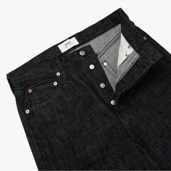 Close-up of the waistband and top button on the Ark Sydney Black Jeans showing stitching, hardware, and clean finishing.