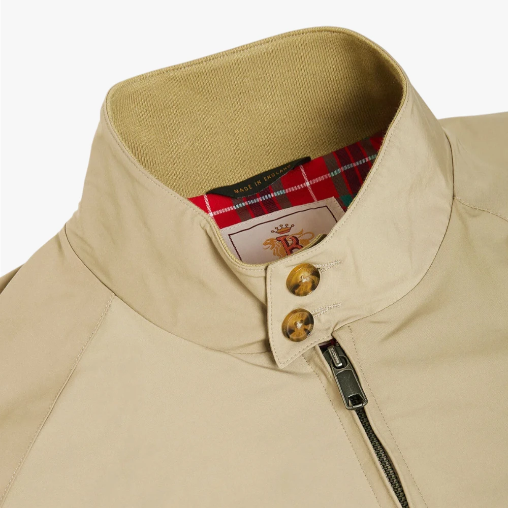Close-up of the stand collar with two-button fastening detail.