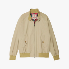 Front view of the Baracuta G9 Harrington Jacket in Natural showing the classic silhouette and zip-front design.