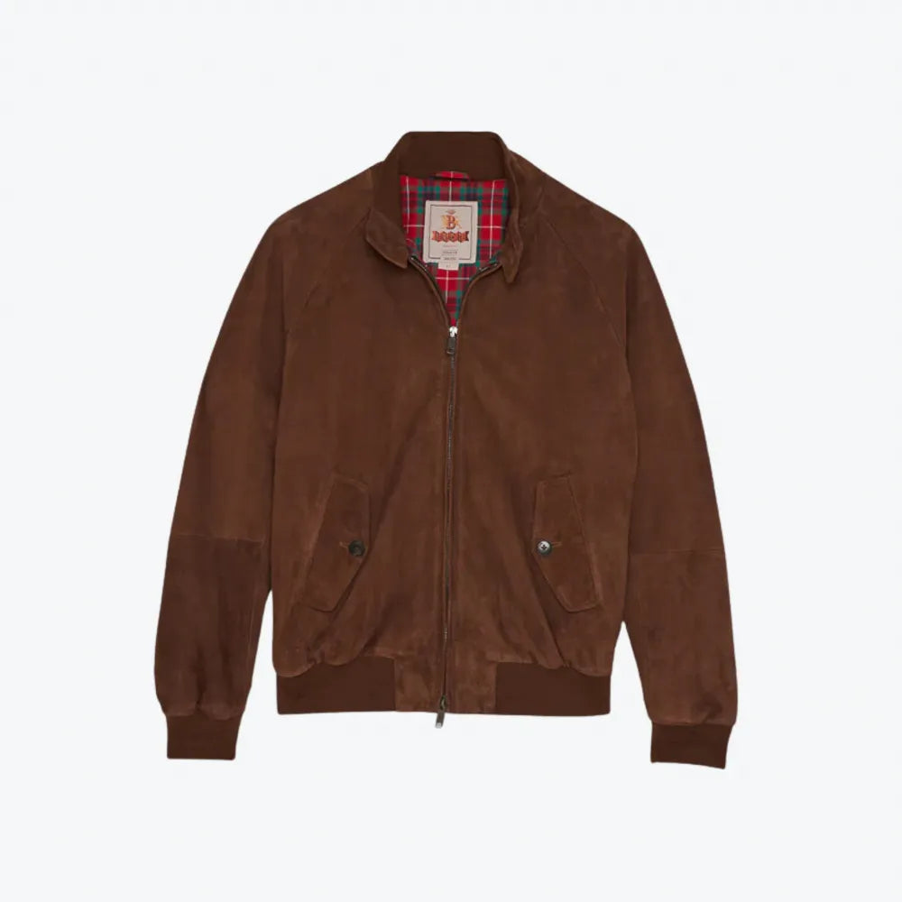 Front view of the Baracuta G9 Suede Dark Chocolate highlighting the Harrington silhouette and front pockets.