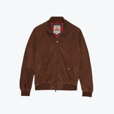 Front view of the Baracuta G9 Suede Dark Chocolate highlighting the Harrington silhouette and front pockets.