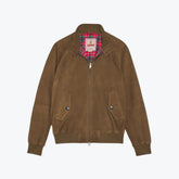Front view of the Baracuta G9 Suede Dark Olive highlighting the Harrington silhouette and front pockets.