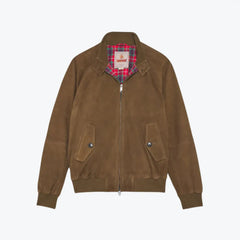 Front view of the Baracuta G9 Suede Dark Olive highlighting the Harrington silhouette and front pockets.