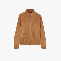 Front view of the Baracuta G9 Suede Dark Tobacco highlighting the Harrington silhouette and front pockets.