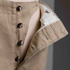 Close-up of the zip area and top button on the Barnstormer Officer Chino Beige showing the fly construction and hardware.