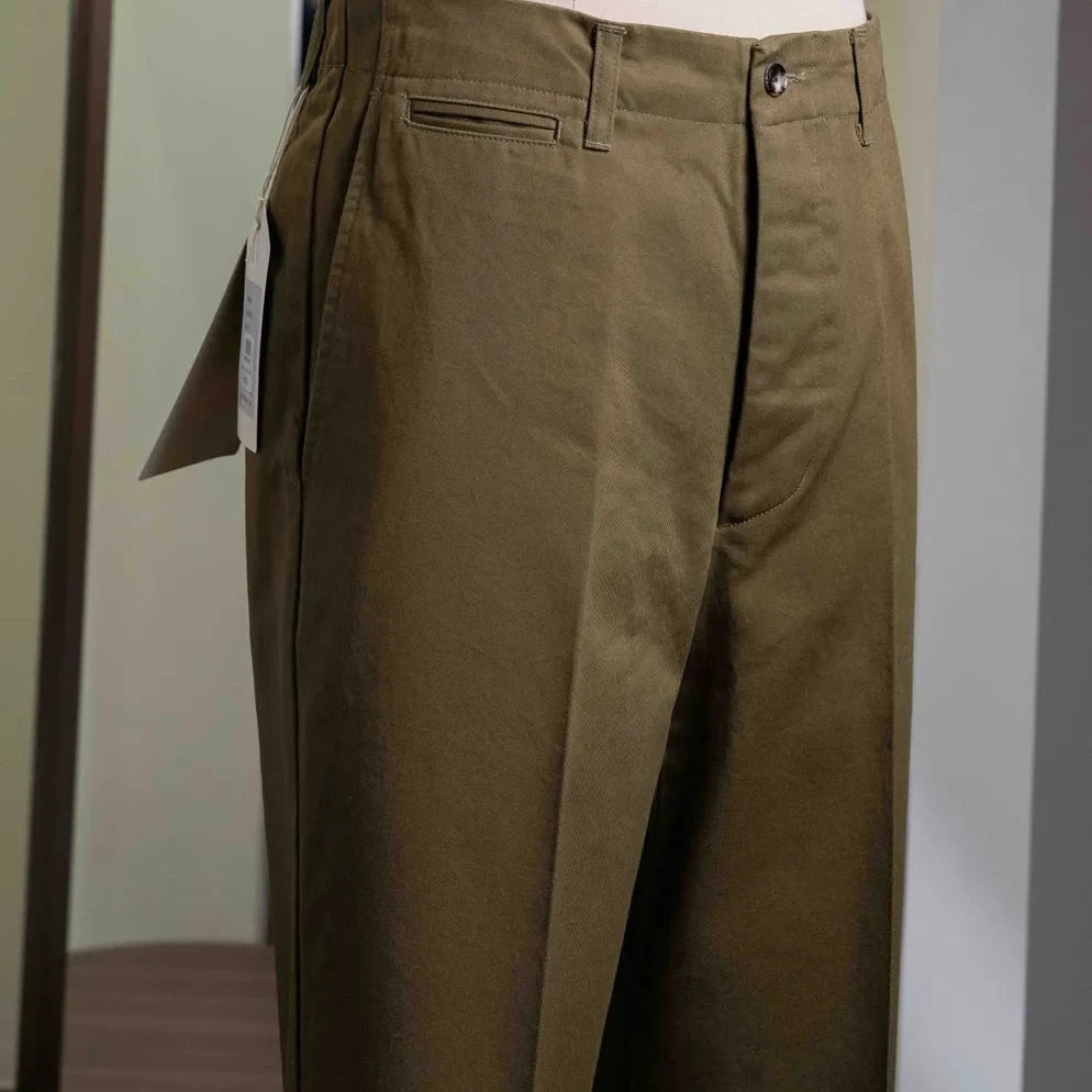 Side profile of the Barnstormer Officer Chino Olive highlighting the straight leg, crease line, and structured fit.