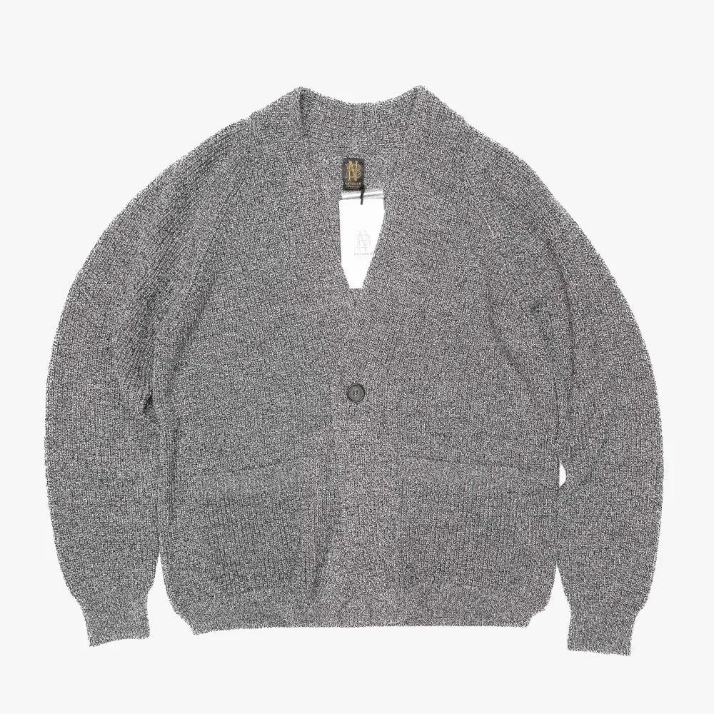 Front view of the Batoner Waso 1 Button Cardigan in Ivory/Black showing the two-tone knit design, relaxed silhouette, and single-button closure.