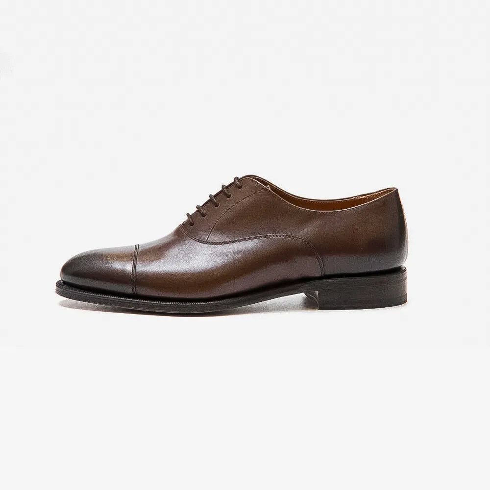 Berwick 4311 Oxford Cap Toe in dark brown Nomera leather, side profile.