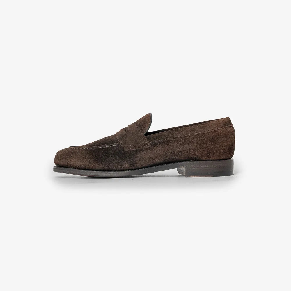 Berwick 5138 Penny Loafer in Repello Gum Oil 173 suede, side profile showing elegant loafer shape.