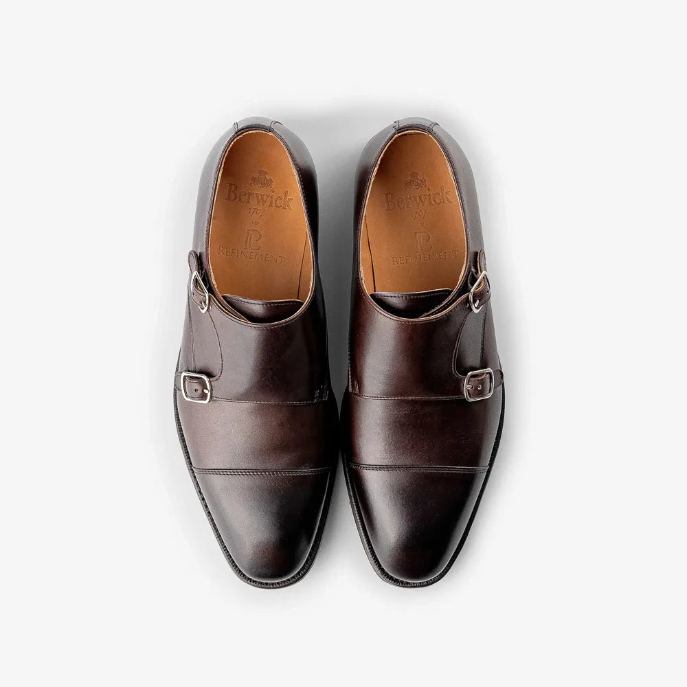 Berwick 5212 double monk shoe in dark brown Nomera leather, top view of pair.