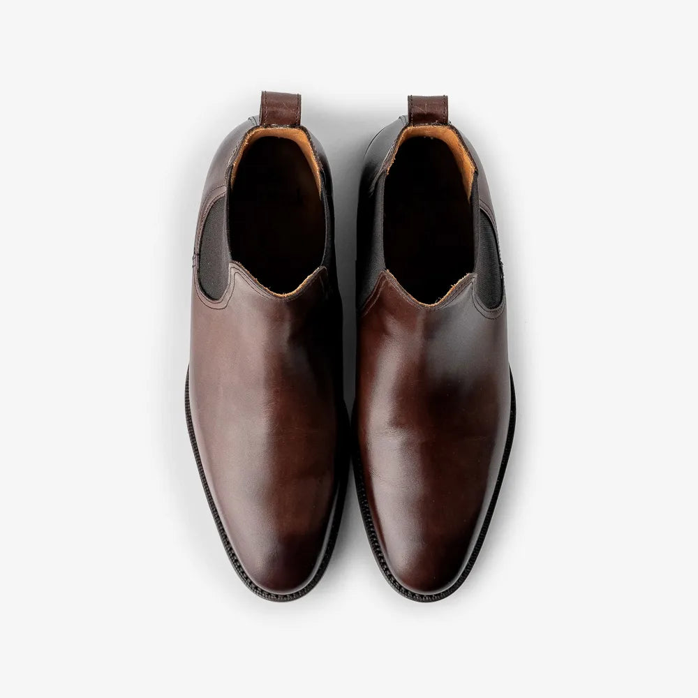Berwick 376 Chelsea boots in Nomera dark brown leather, top view of pair.