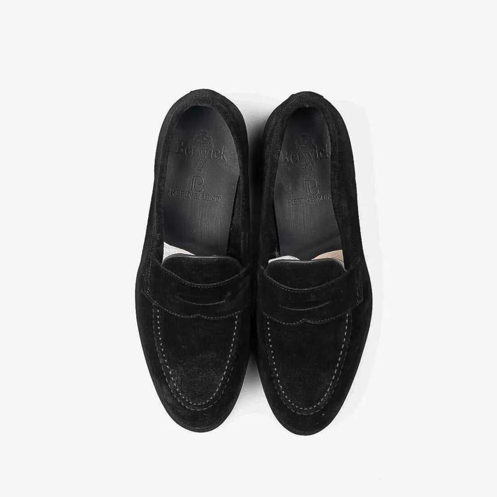 Berwick 5138 Penny Loafer in black suede, top view of pair.