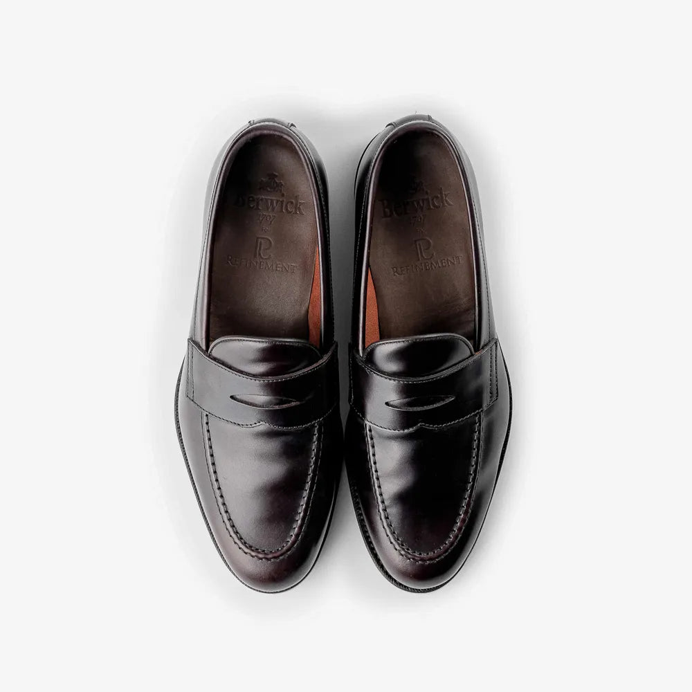 Berwick 5138 Penny Loafer in Rois Marron leather, top view of pair.