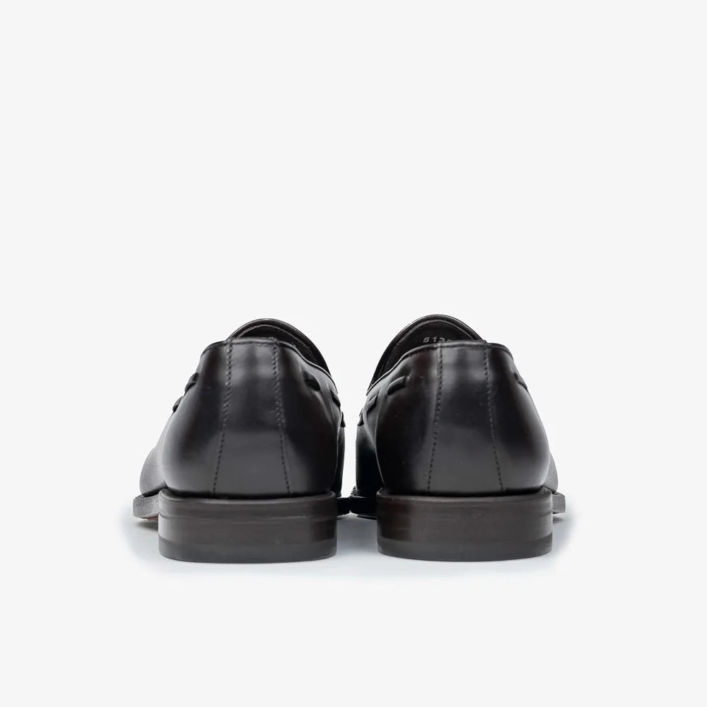 Berwick 5139 Tassel Loafer in Nomera dark brown leather, back view highlighting heel construction.