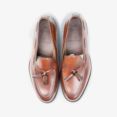 Berwick 5139 Tassel Loafer in Nomera medium brown leather, top view of pair with tassels visible.