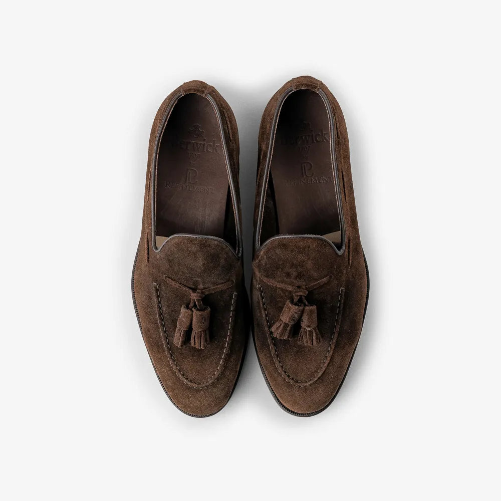 Berwick 5139 Tassel Loafer in Repello Gum Oil 173 suede, top view of pair.