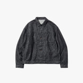 Front view of the Brú Na Bóinne Peter denim jacket in black featuring a clean silhouette and classic denim construction.