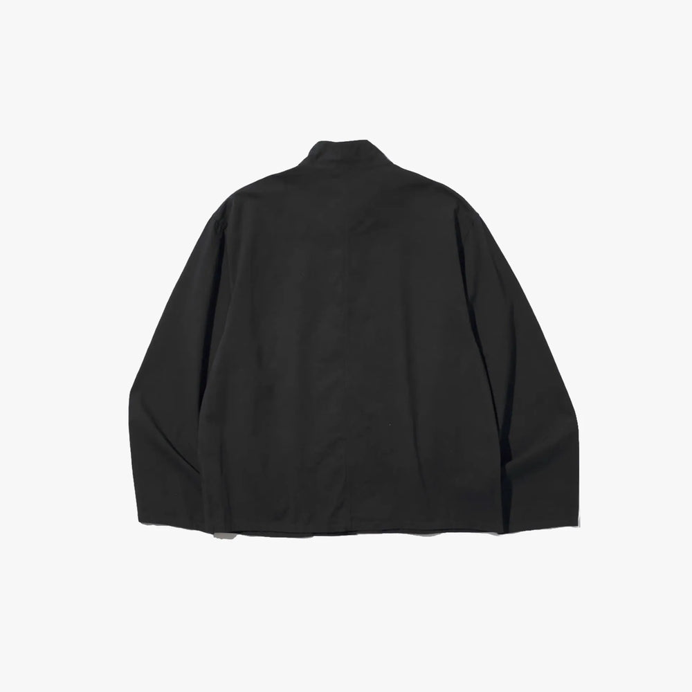 Back view of the Brú Na Bóinne Sapiens cloth jacket in black showing the relaxed structure and minimal detailing.