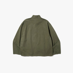 Back view of the Brú Na Bóinne Sapiens cloth jacket in khaki green showing the relaxed structure and minimal detailing.