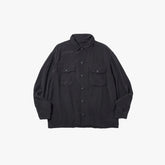 Front view of the Brú Na Bóinne silk military shirt in black featuring a clean silhouette and utilitarian design.