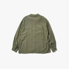 Back view of the Brú Na Bóinne silk military shirt in khaki green showing the relaxed structure and minimal detailing.