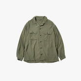 Front view of the Brú Na Bóinne silk military shirt in khaki green featuring a clean silhouette and utilitarian design.
