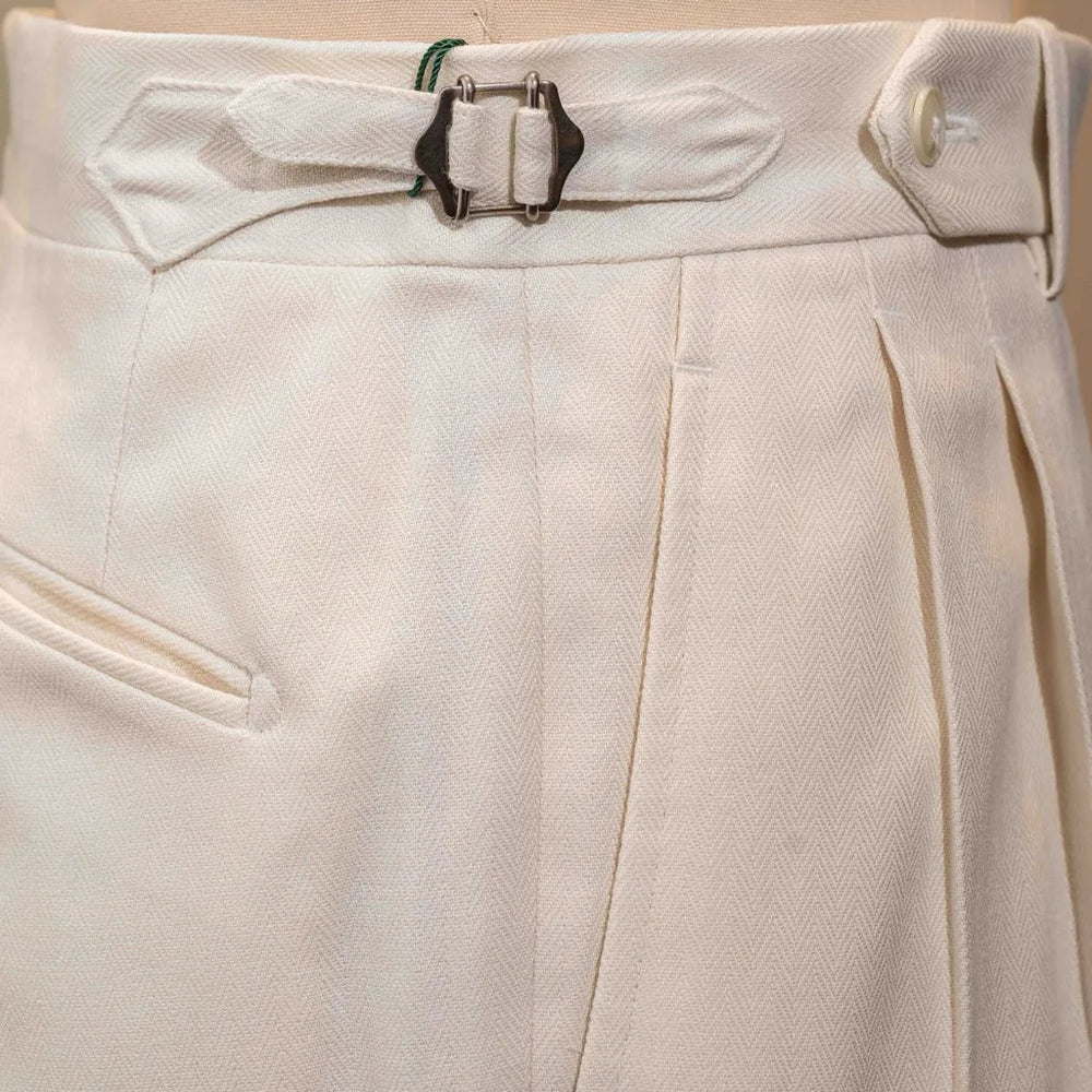 Waistband and waist detail of the Calsa Nagasaki Trousers Cotton Herringbone Ecru