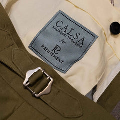 Brand label detail of the Calsa Nagasaki Trousers Cotton Olive