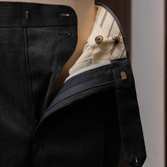 Close-up of the waistband button on the Calsa Nagasaki Trousers Covert Grey