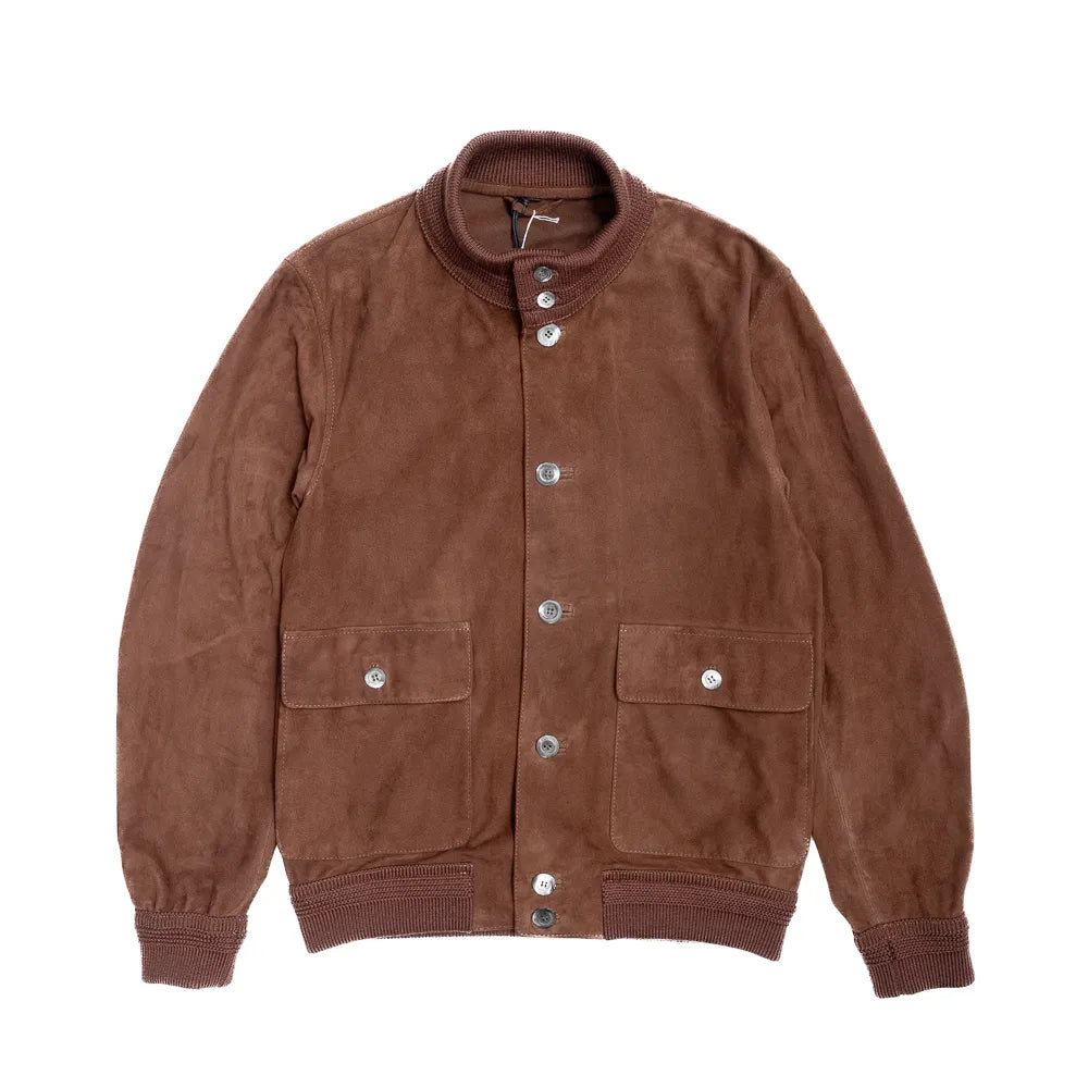 Front view of the Cinquanta Driving Blouson Castagno showing the classic driving jacket silhouette, rich castagna brown suede, and clean front panel design.