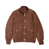 Front view of the Cinquanta Driving Blouson Castagno showing the classic driving jacket silhouette, rich castagna brown suede, and clean front panel design.