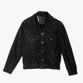 Front view of the Cinquanta Trucker Jacket Black showing the structured trucker silhouette, clean panel design, and deep black suede texture.