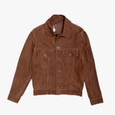 Front view of the Cinquanta Trucker Jacket Castano showing the classic trucker silhouette, rich castano brown suede, and clean panel construction.