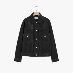 Front view of the Ciota Double Pocket Corduroy Jacket One Wash Charcoal Gray showing the structured silhouette, double chest pockets, and washed charcoal corduroy texture.