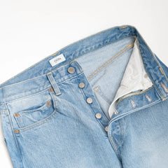 Close-up of the waistband showing button closure and belt loop construction.