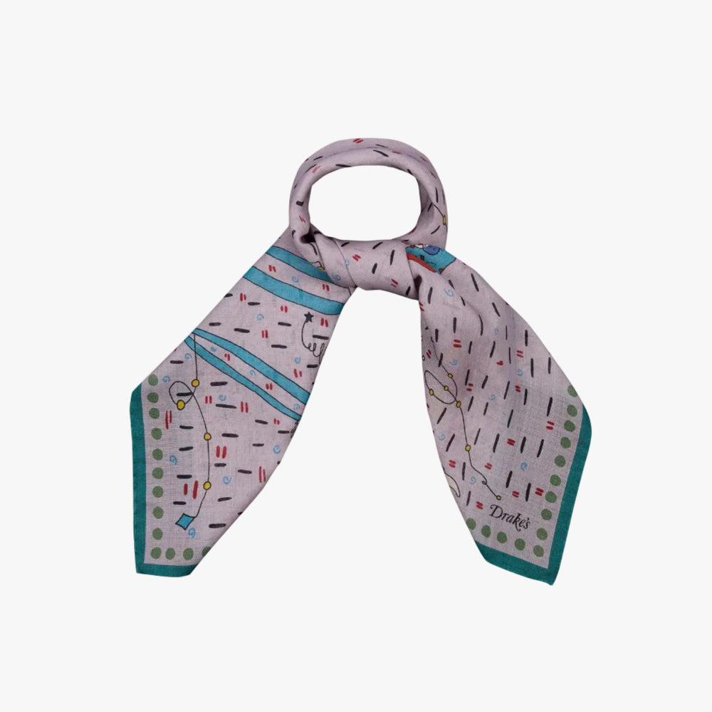 Drake’s Acrobat Print Wool-Silk Bandana Lilac Print Detail