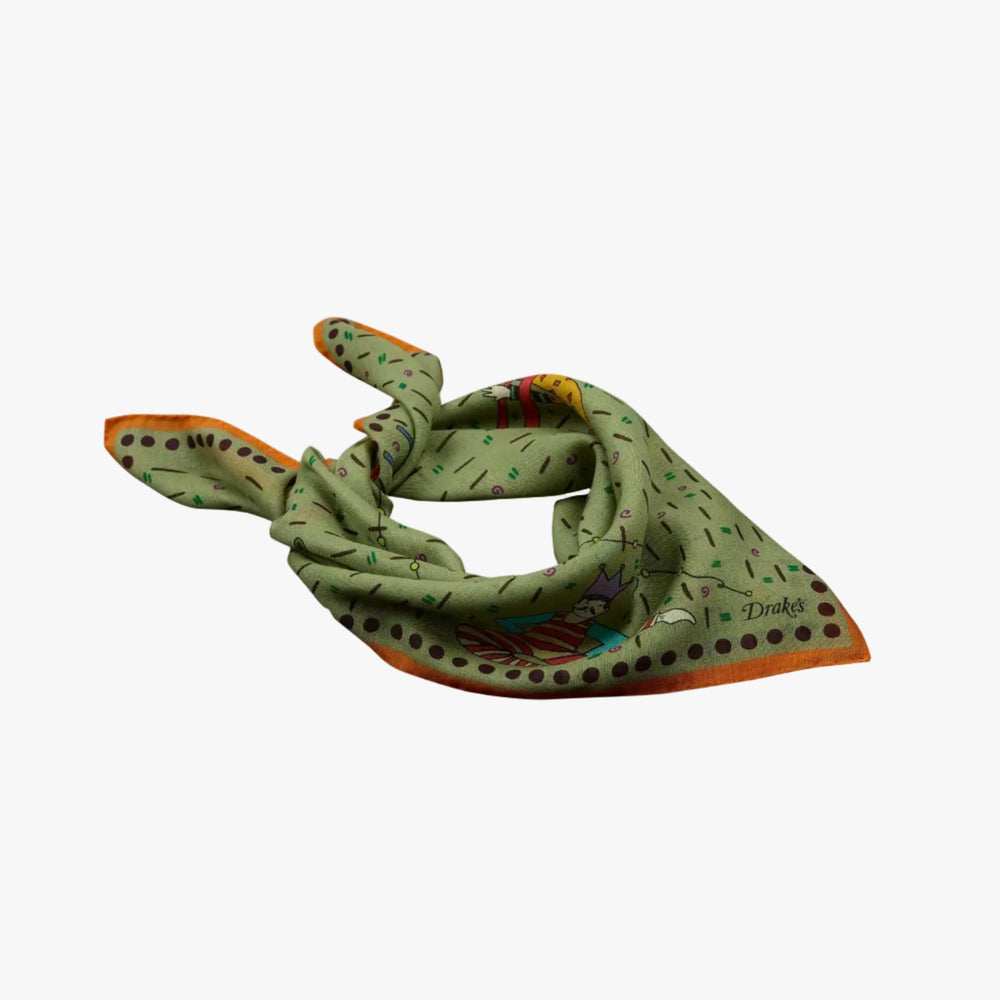 Drake’s Acrobat Print Wool-Silk Bandana Olive Border Detail