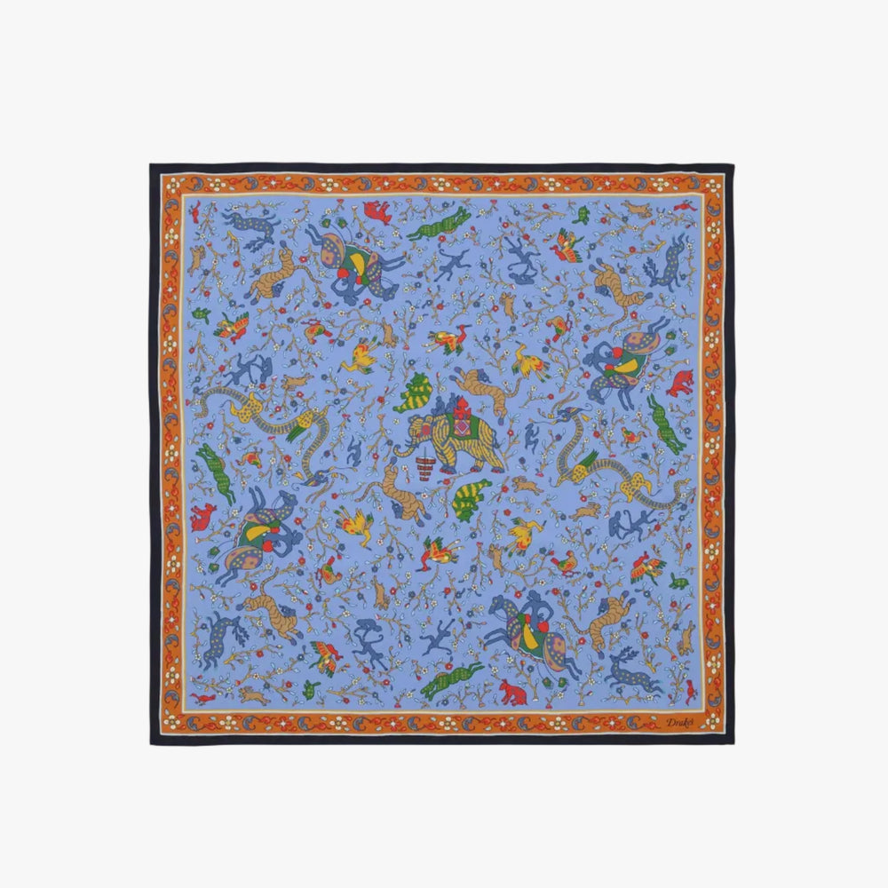 Drake’s Animals and Flowers Print Silk Bandana Blue Full View