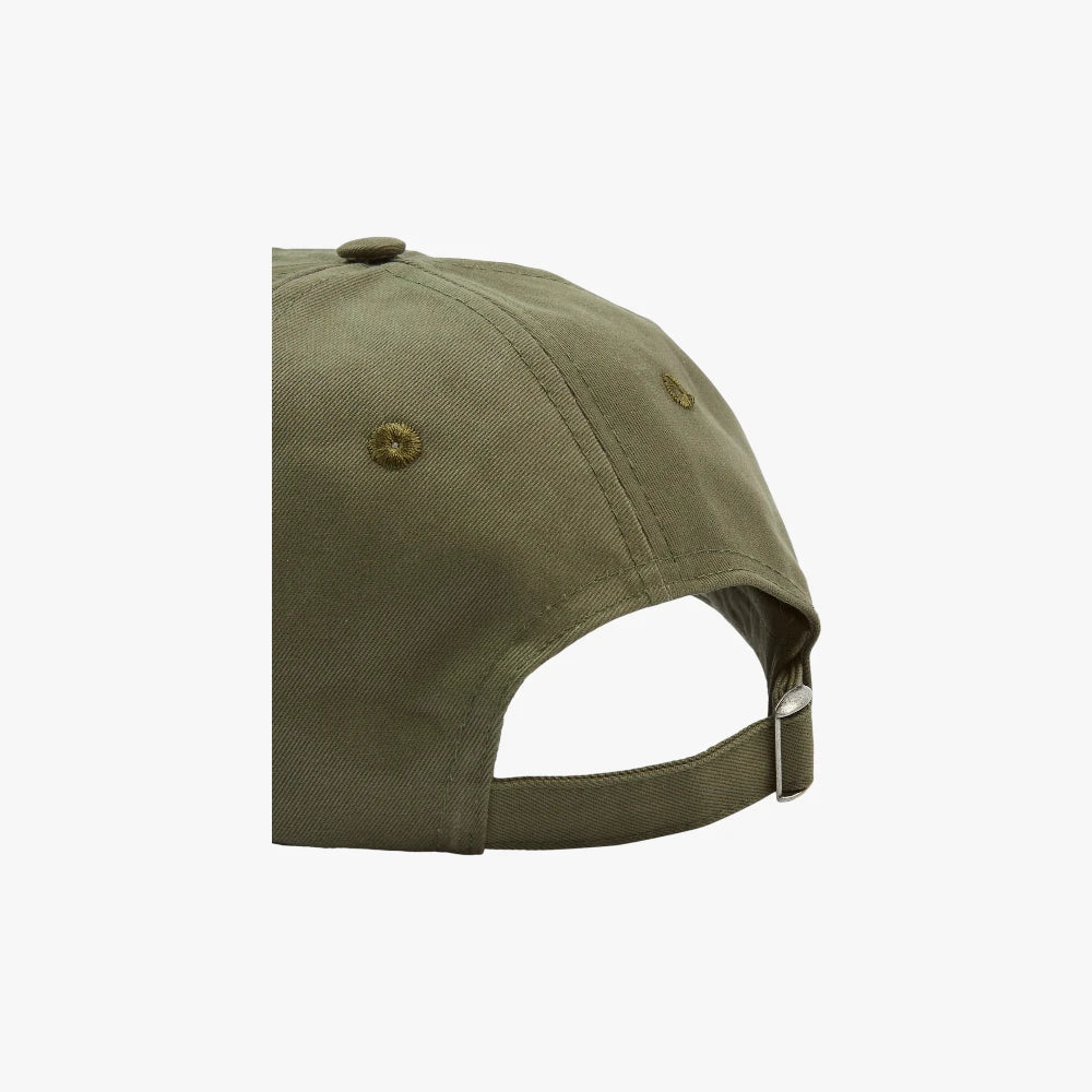 Back view highlighting the adjustable strap, metal buckle, and classic six-panel construction.