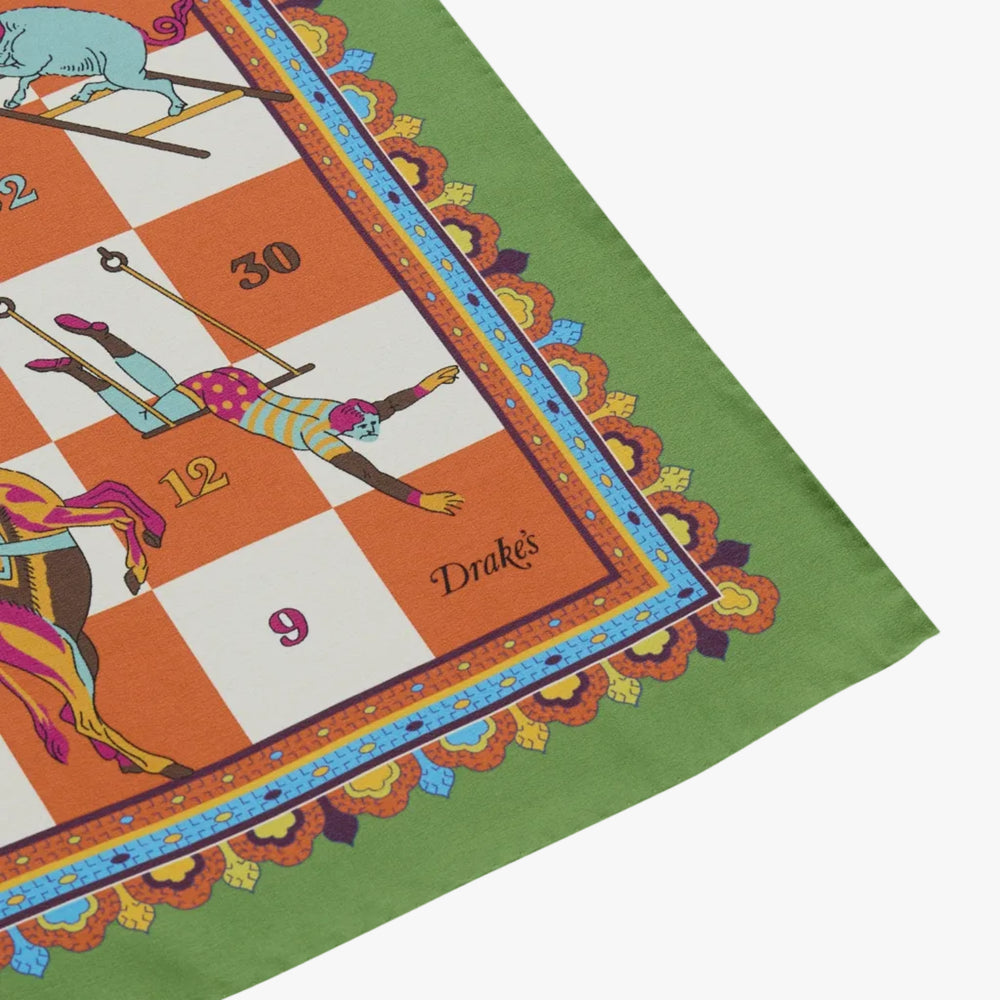 Drake’s Snakes and Ladders Print Silk Bandana Green Brand Label Detail
